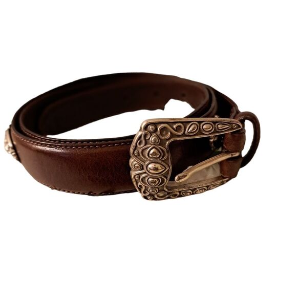 VINTAGE FOSSIL BROWN LEATHER CONCHO BELT IN GREAT CONDITION - Picture 1 of 14